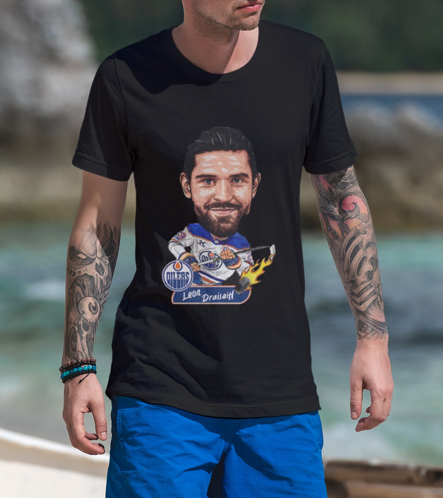 Edmonton Oilers Hockey Leon Draisaitl Caricature Flames Stick T-Shirt