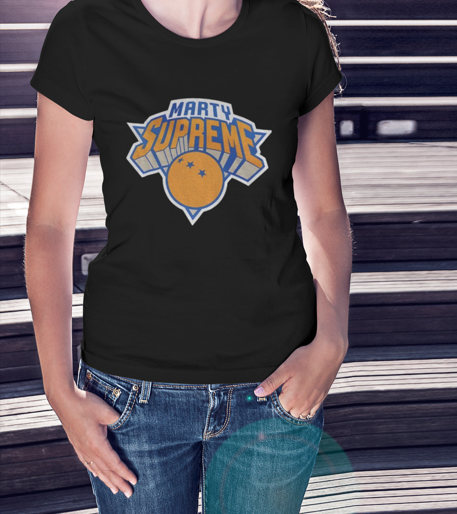 Marty Supreme New York Knicks Inspired Graphics Orange Blue Basketball T-Shirt