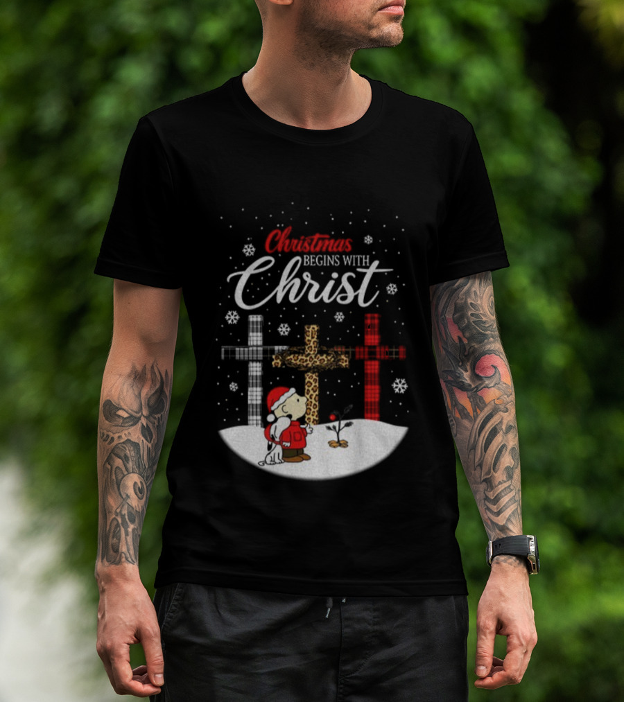 Christmas Begins With Christ Snoopy Charlie Brown Holiday Snow Scene T-Shirt
