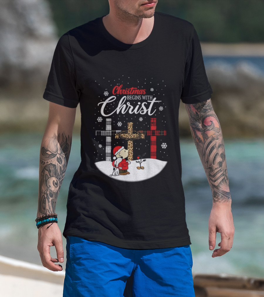 Christmas Begins With Christ Snoopy Charlie Brown Holiday Snow Scene T-Shirt