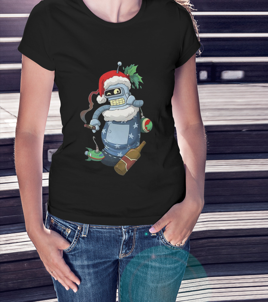 Futurama Bender Christmas Stocking Stuffer Smoking Cigar Santa Hat T-Shirt
