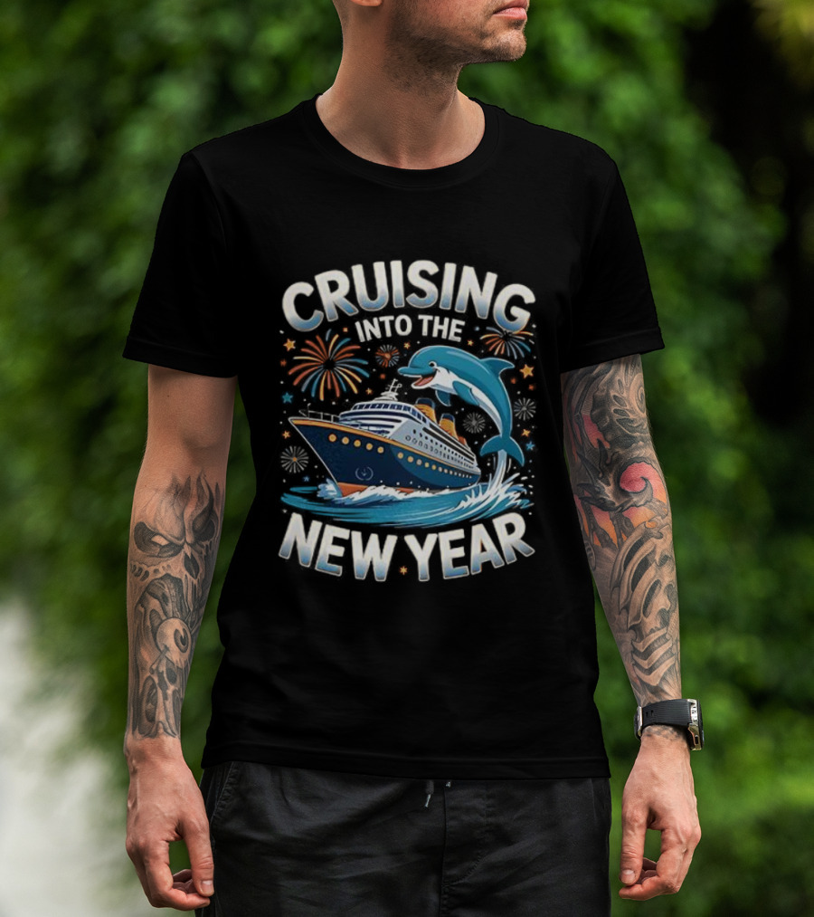 Cruising Into The New Year 2026 Ship Dolphin Fireworks Celebration T-Shirt