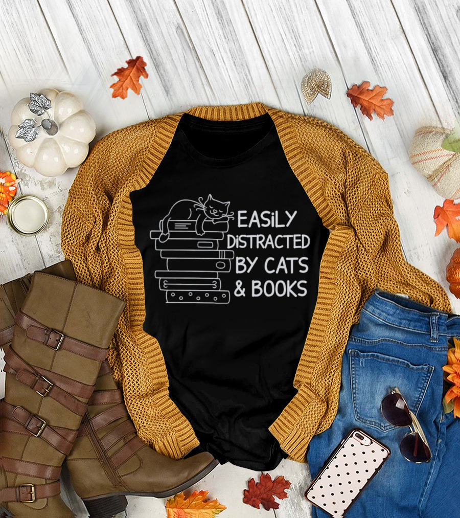 Easily Distracted by Cats and Books Stack Playful Cat Reading Lovers T-Shirt