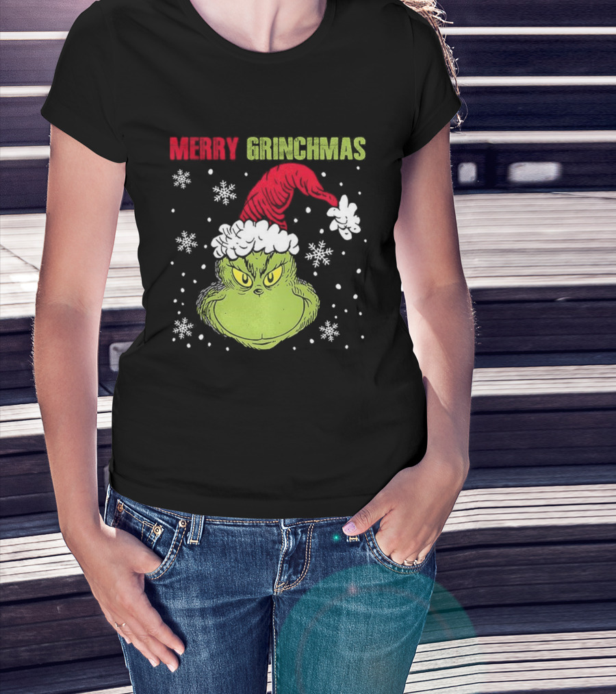 Merry Grinchmas Grinch Head Santa Hat Christmas Snowflakes T-Shirt