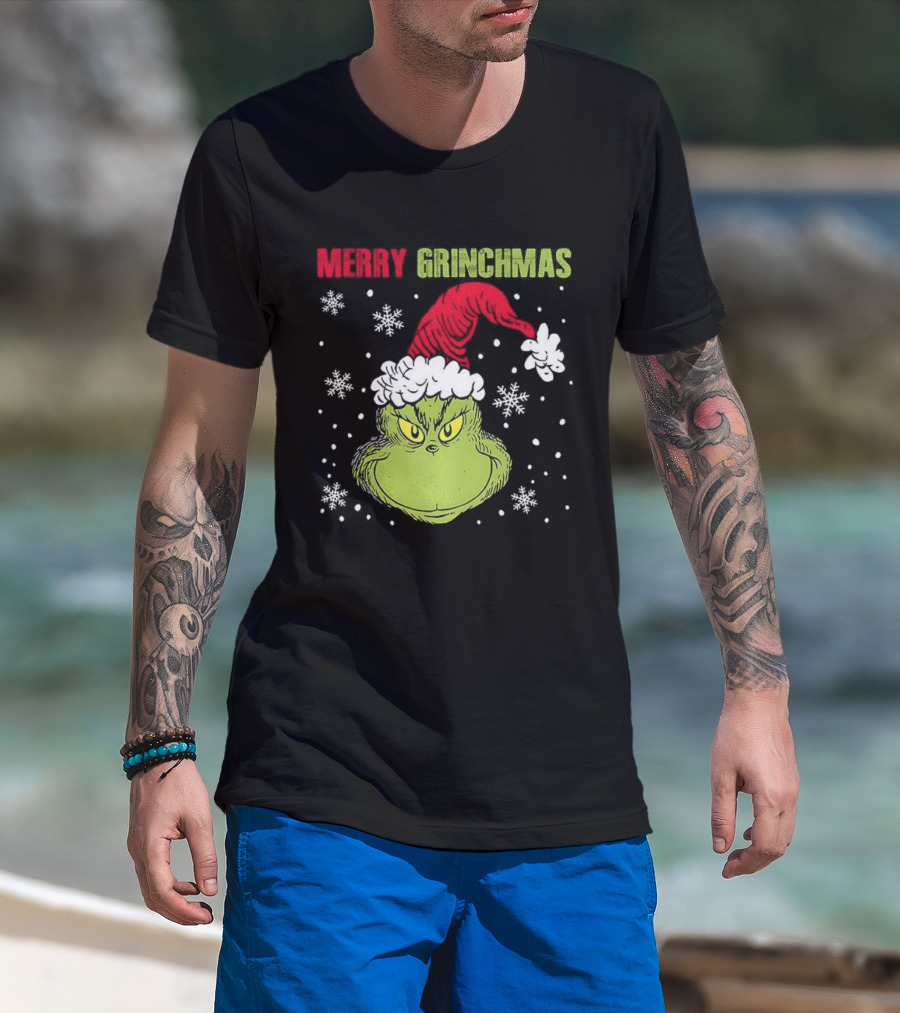 Merry Grinchmas Grinch Head Santa Hat Christmas Snowflakes T-Shirt