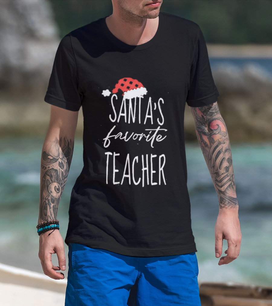Santa's Favorite Teacher Christmas Hat Holiday T-Shirt