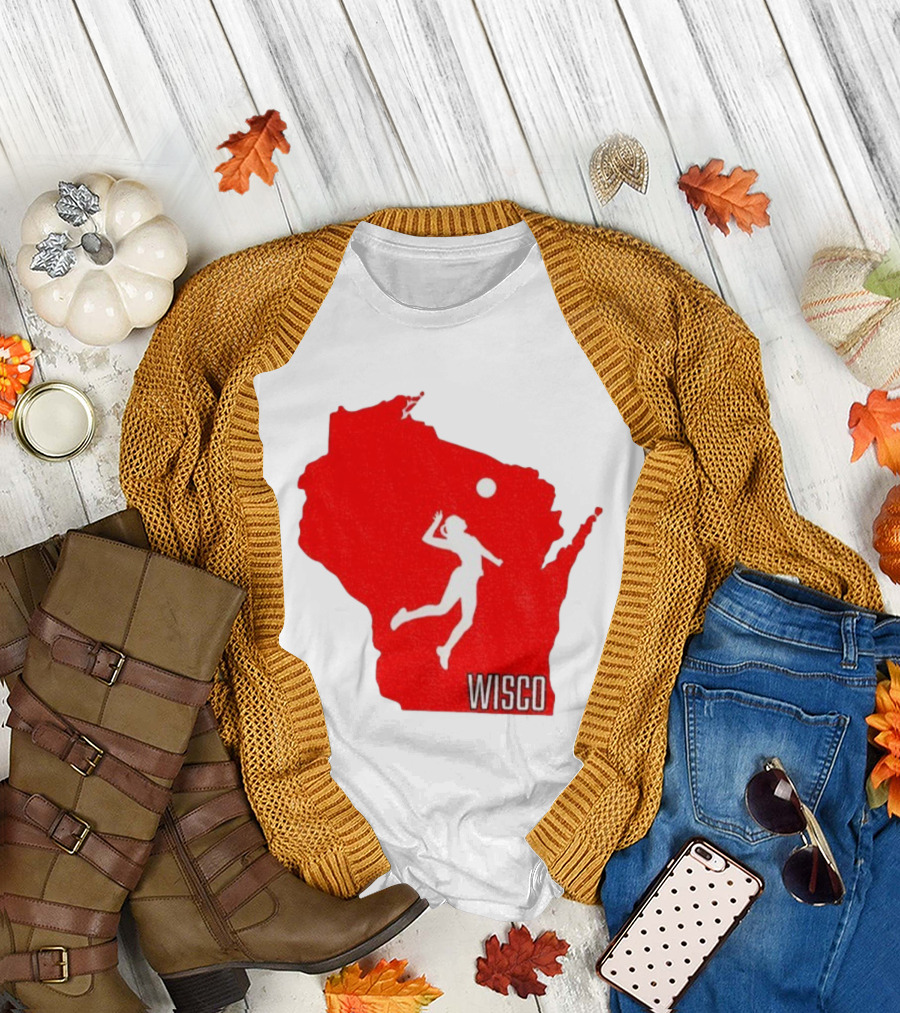 Wisconsin Badgers Volleyball Wisco Map Athlete Silhouette T-Shirt