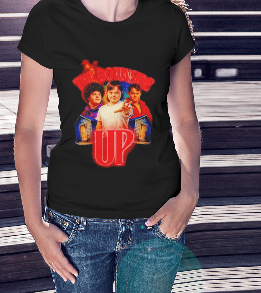 The Downside Up Stranger Things Meme Parody With Character Trio And Cabins T-Shirt