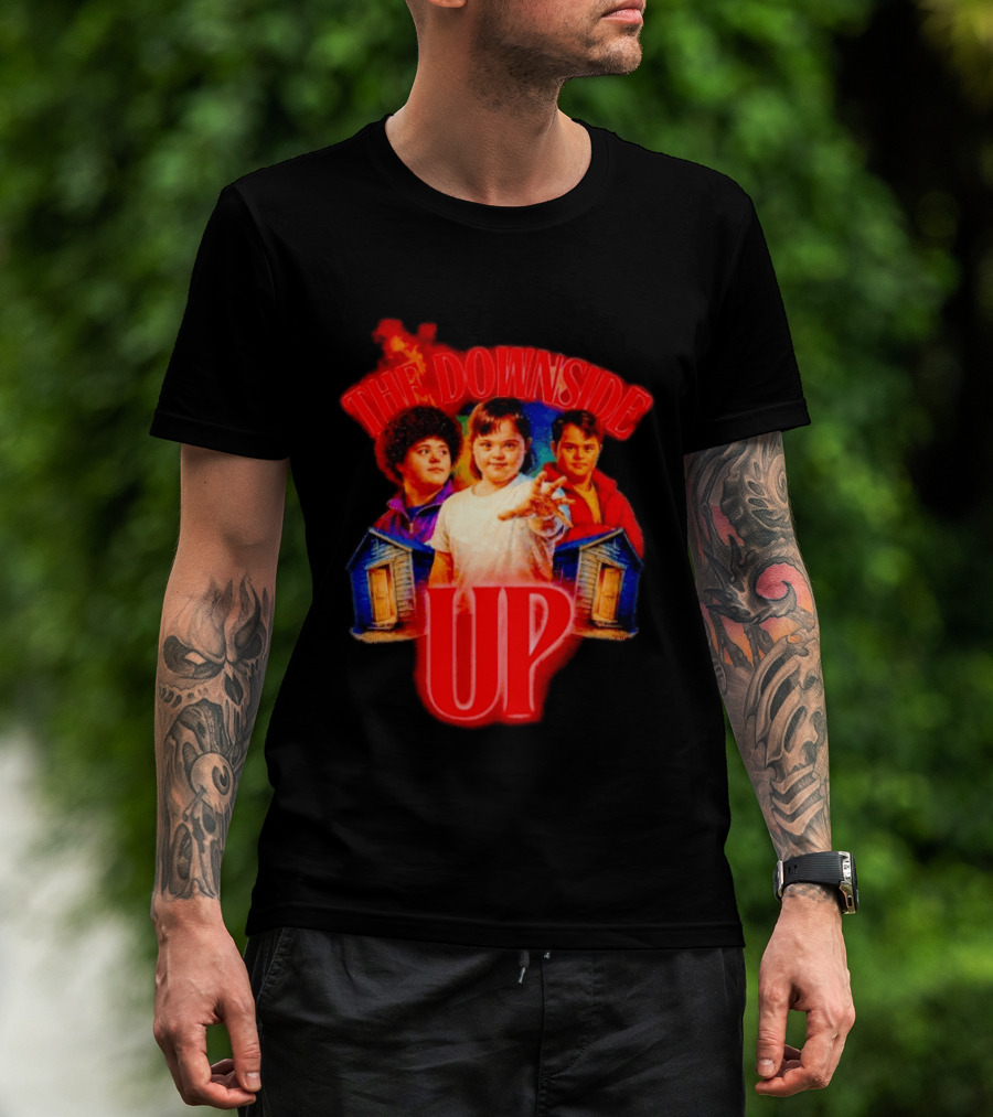 The Downside Up Stranger Things Meme Parody With Character Trio And Cabins T-Shirt