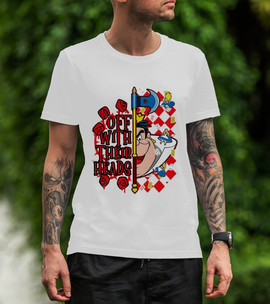 Off With Their Heads Queen Hearts Alice In Wonderland Axe Chessboard Cartoon T-Shirt