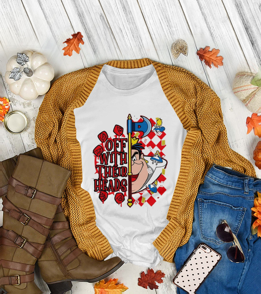 Off With Their Heads Queen Hearts Alice in Wonderland Axe Chessboard Cartoon T-Shirt