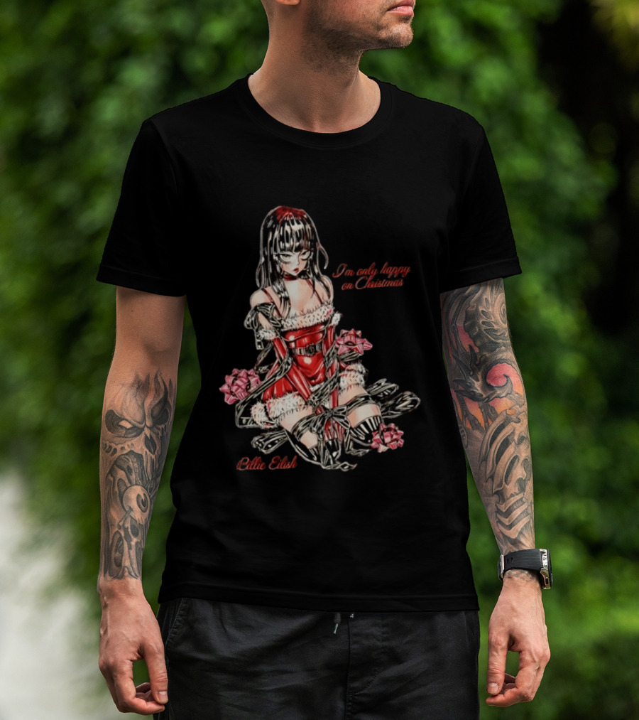Billie Eilish I'm Only Happy On Christmas Red Outfit Wrapping Ribbon T-Shirt