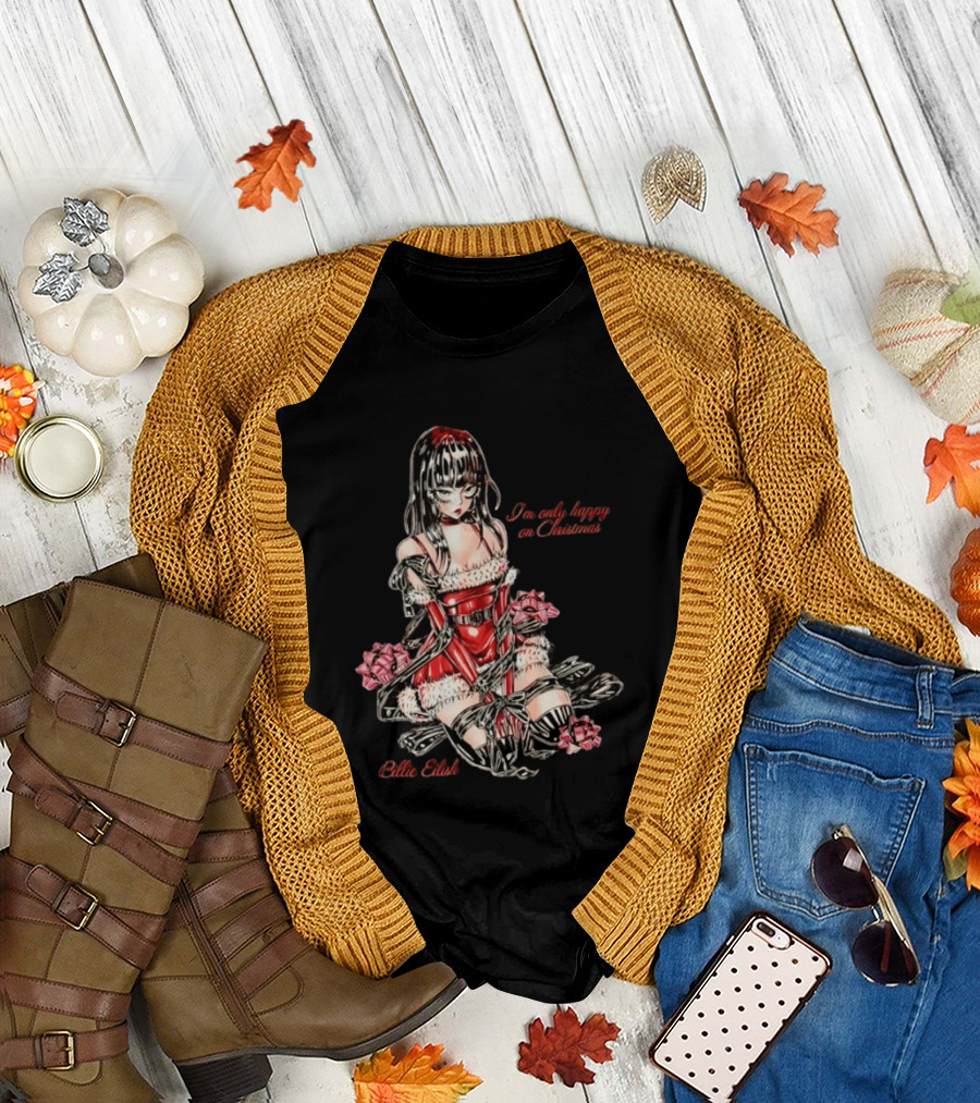 Billie Eilish I'm Only Happy On Christmas Red Outfit Wrapping Ribbon T-Shirt