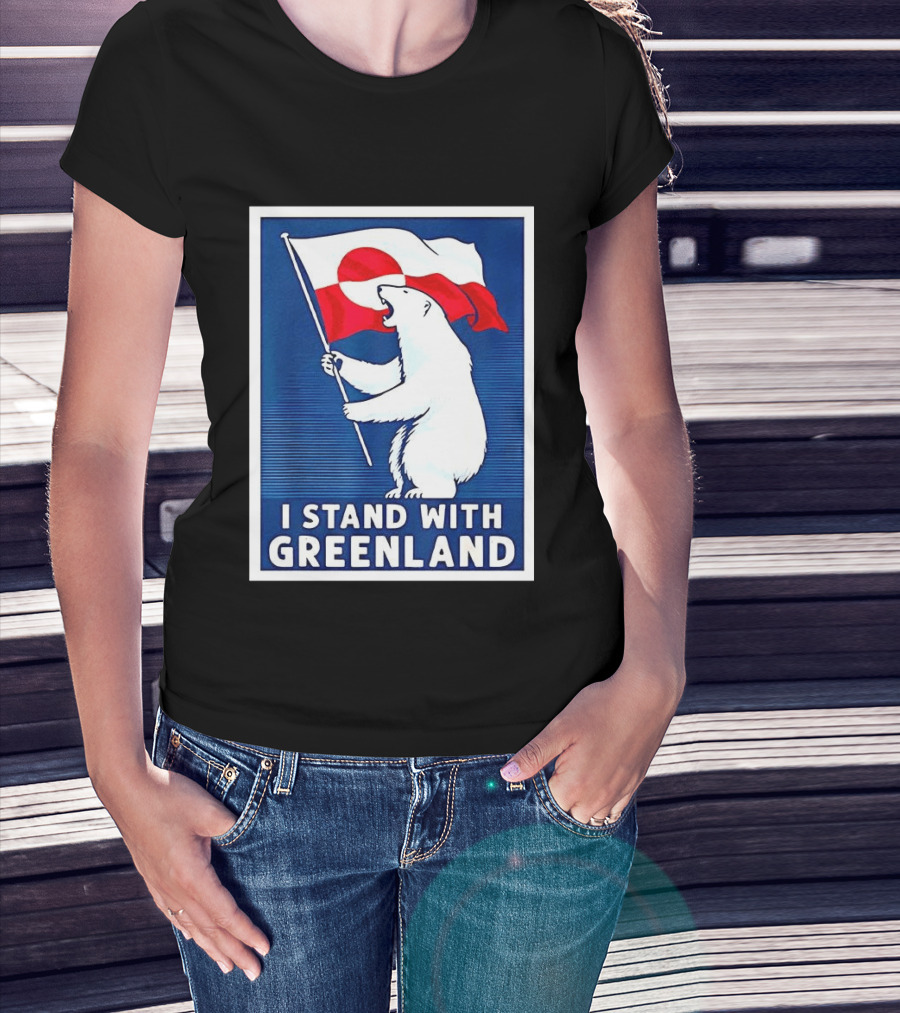 I Stand With Greenland Polar Bear Holding Flag Solidarity Banner T-Shirt