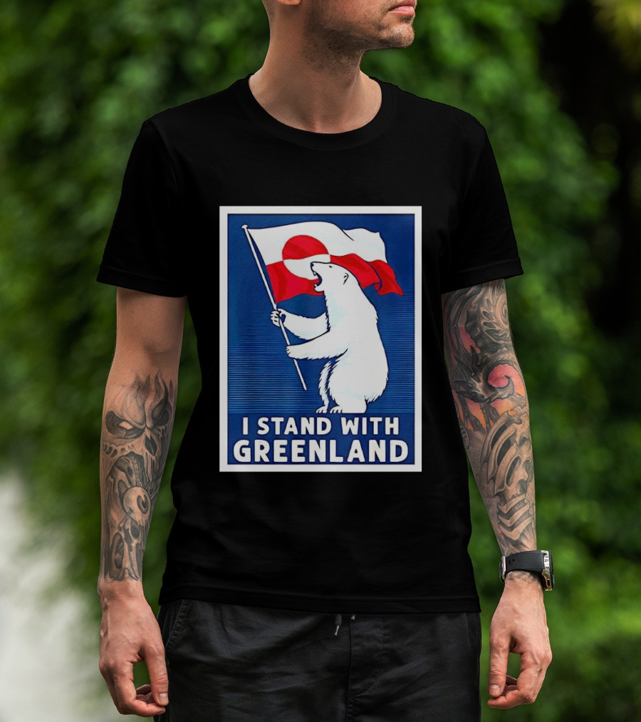 I Stand With Greenland Polar Bear Holding Flag Solidarity Banner T-Shirt