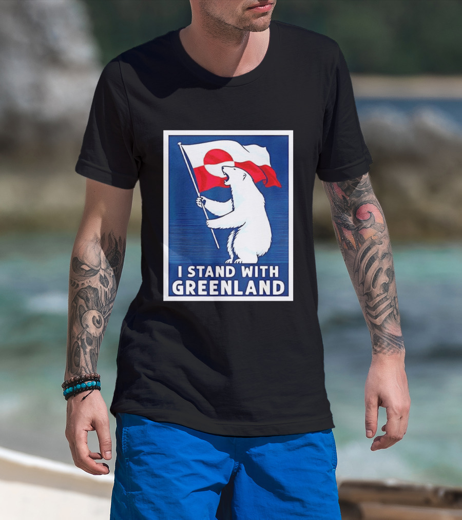 I Stand With Greenland Polar Bear Holding Flag Solidarity Banner T-Shirt