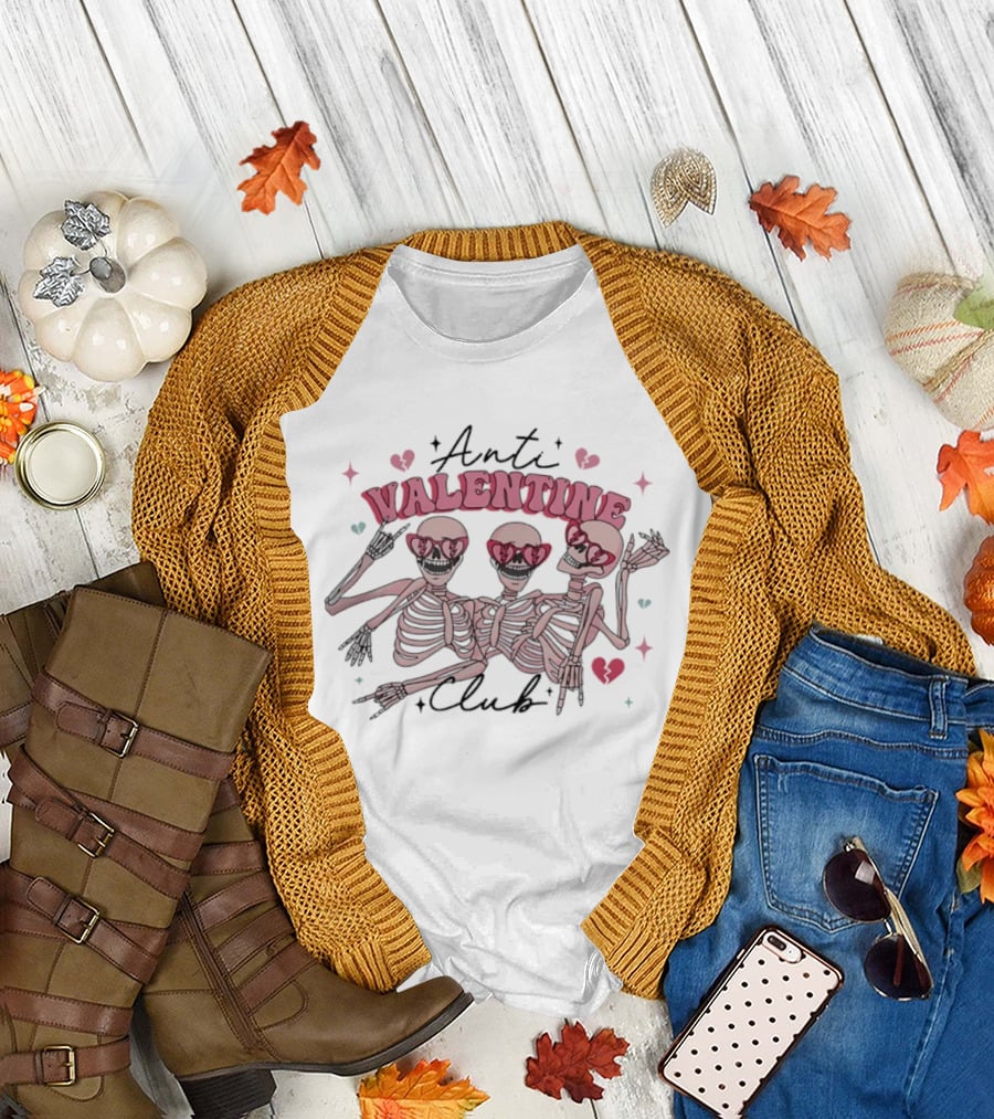 Anti Valentine Club Three Pink Skeletons Dancing Rock and Roll T-Shirt