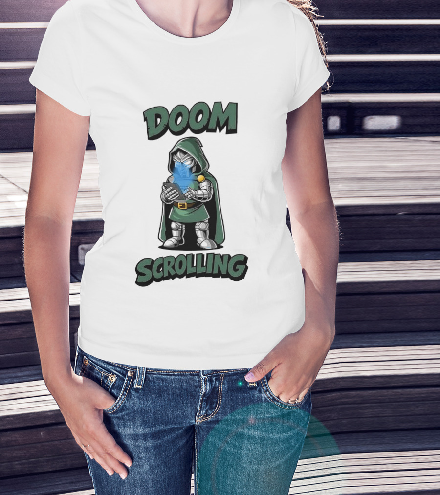 Doom Scrolling Dr Doom Comic Character With Phone T-Shirt
