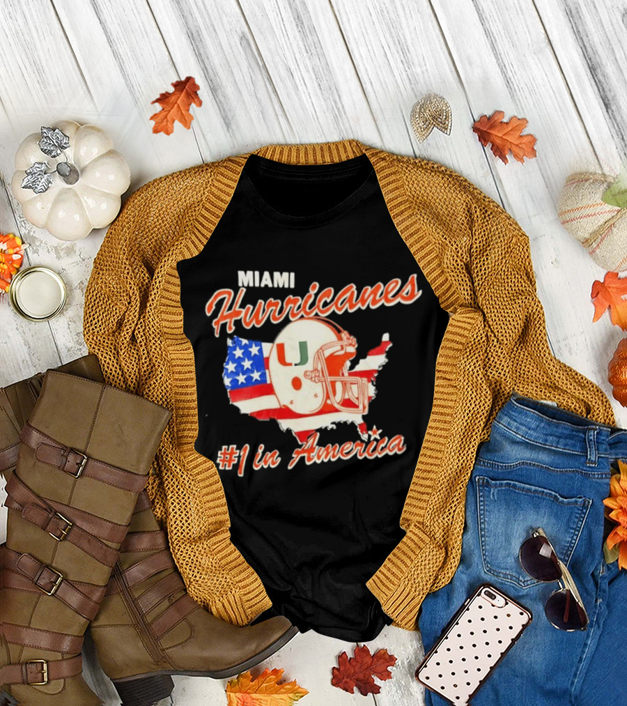 Miami Hurricanes Helmet American Flag Map #1 in America T-Shirt