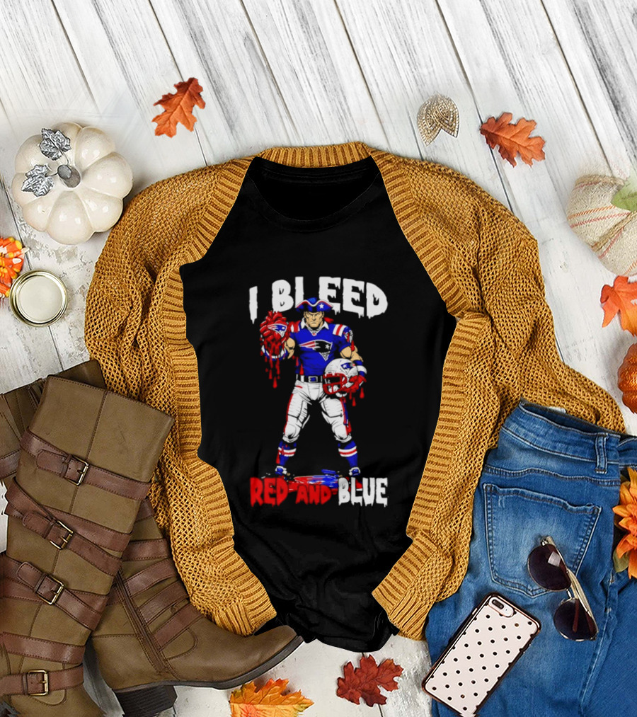 New England Patriots I Bleed Red and Blue NFL Fans Patriots Logo Football Player T-Shirt