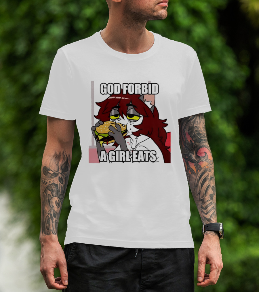 God Forbid A Girl Eats Lazy Cartoon Character Eating Burger T-Shirt