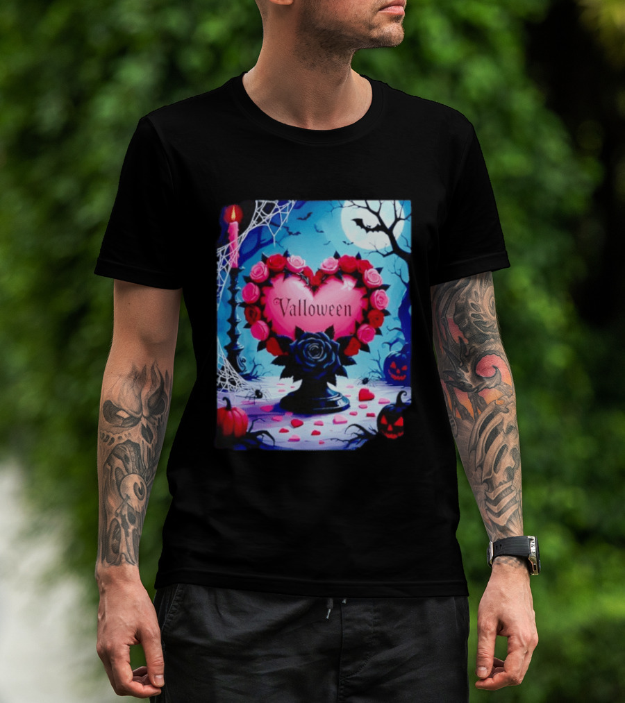 Valloween Romance And Menace Heart Rose Candle Moonlit Halloween T-Shirt