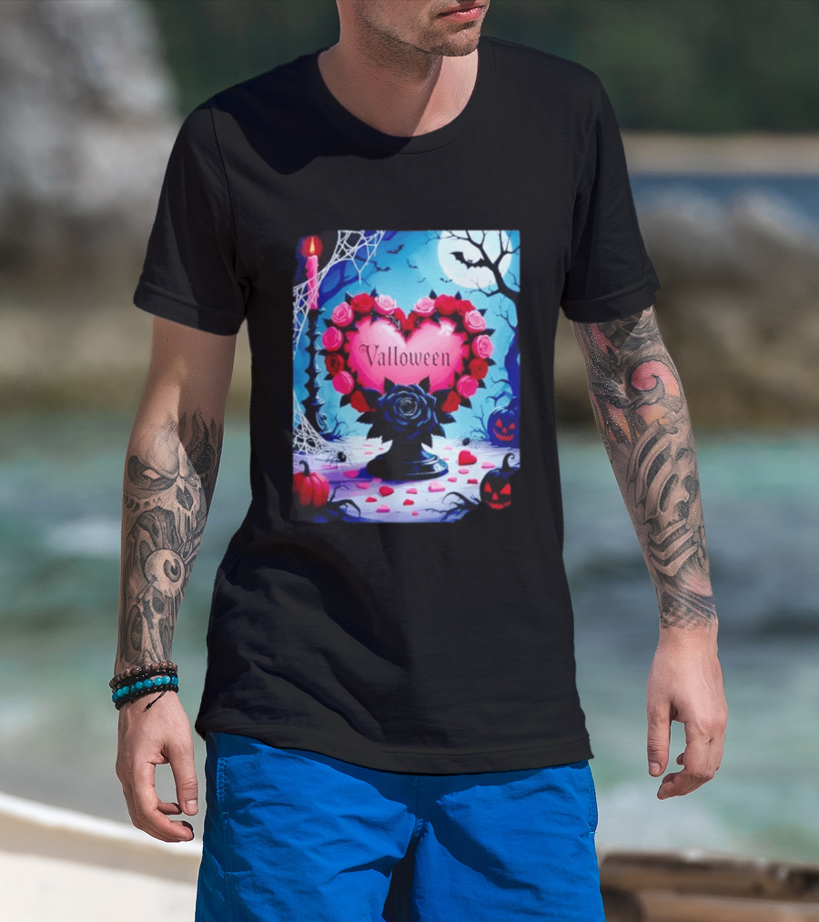 Valloween Romance And Menace Heart Rose Candle Moonlit Halloween T-Shirt