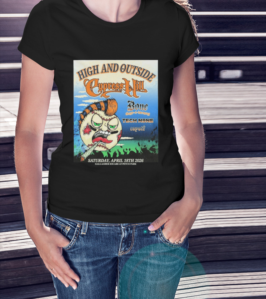 High And Outside Cypress Hill Bone Thugs N Harmony Tech N9ne Coyote Gallagher Square Petco Park April 18 2026 T-Shirt