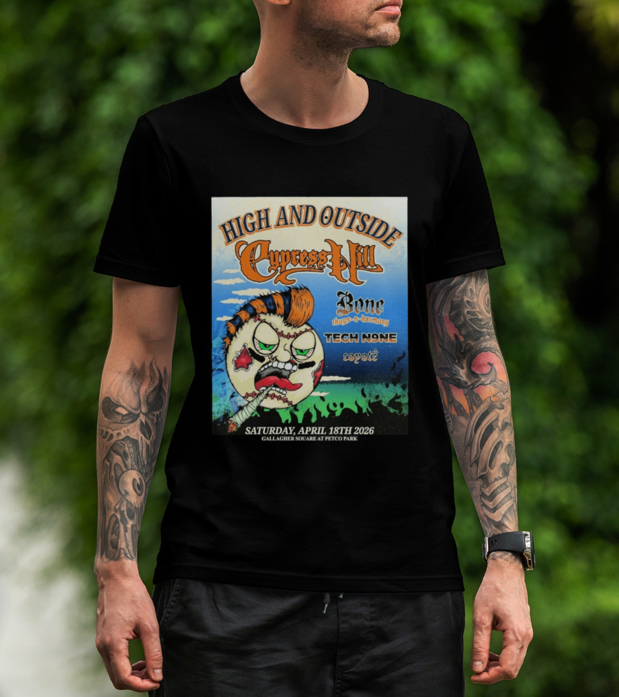 High And Outside Cypress Hill Bone Thugs N Harmony Tech N9ne Coyote Gallagher Square Petco Park April 18 2026 T-Shirt