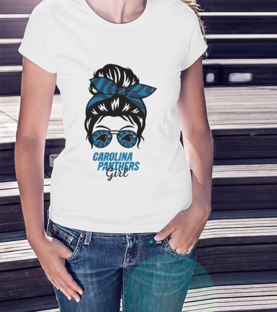 Carolina Panthers Girl Messy Bun Glasses Blue Bow Fan T-Shirt
