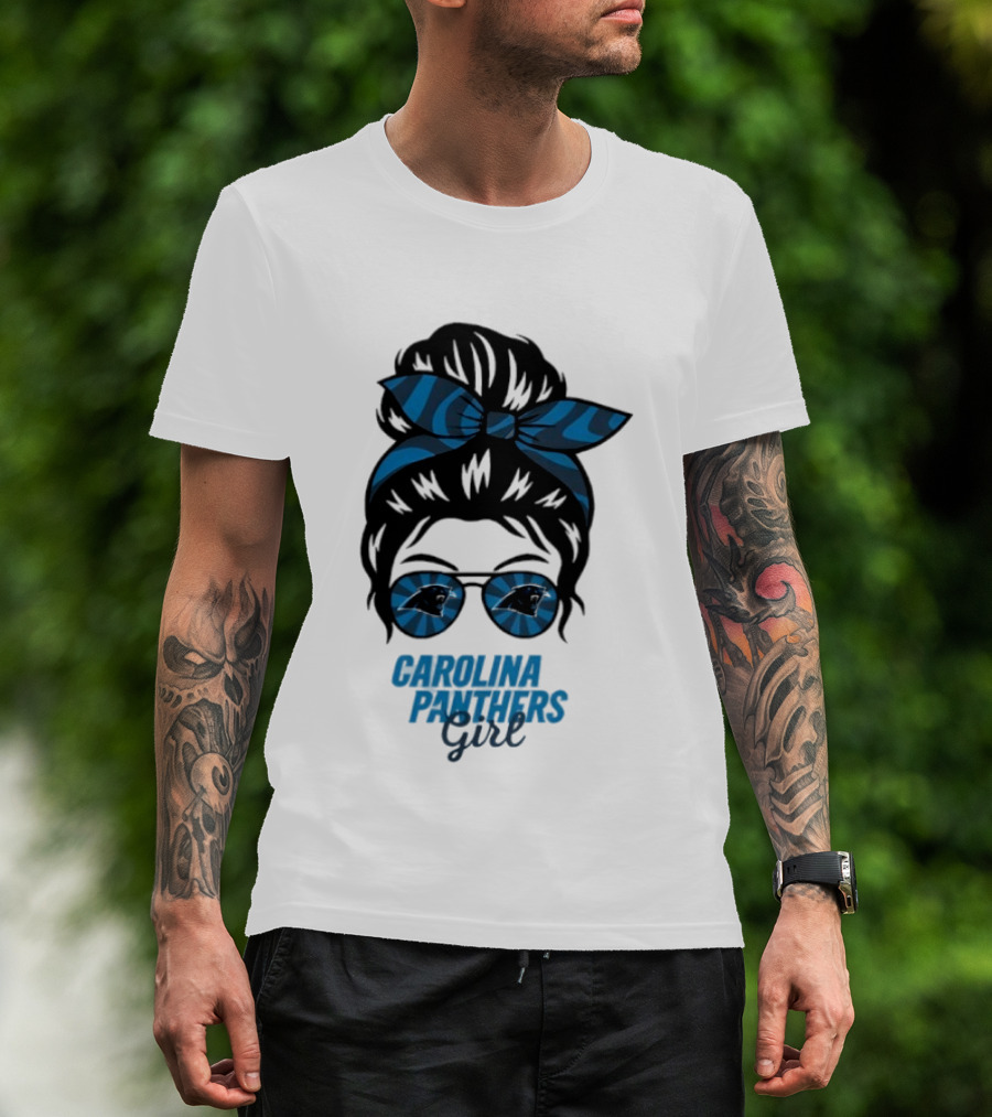 Carolina Panthers Girl Messy Bun Glasses Blue Bow Fan T-Shirt
