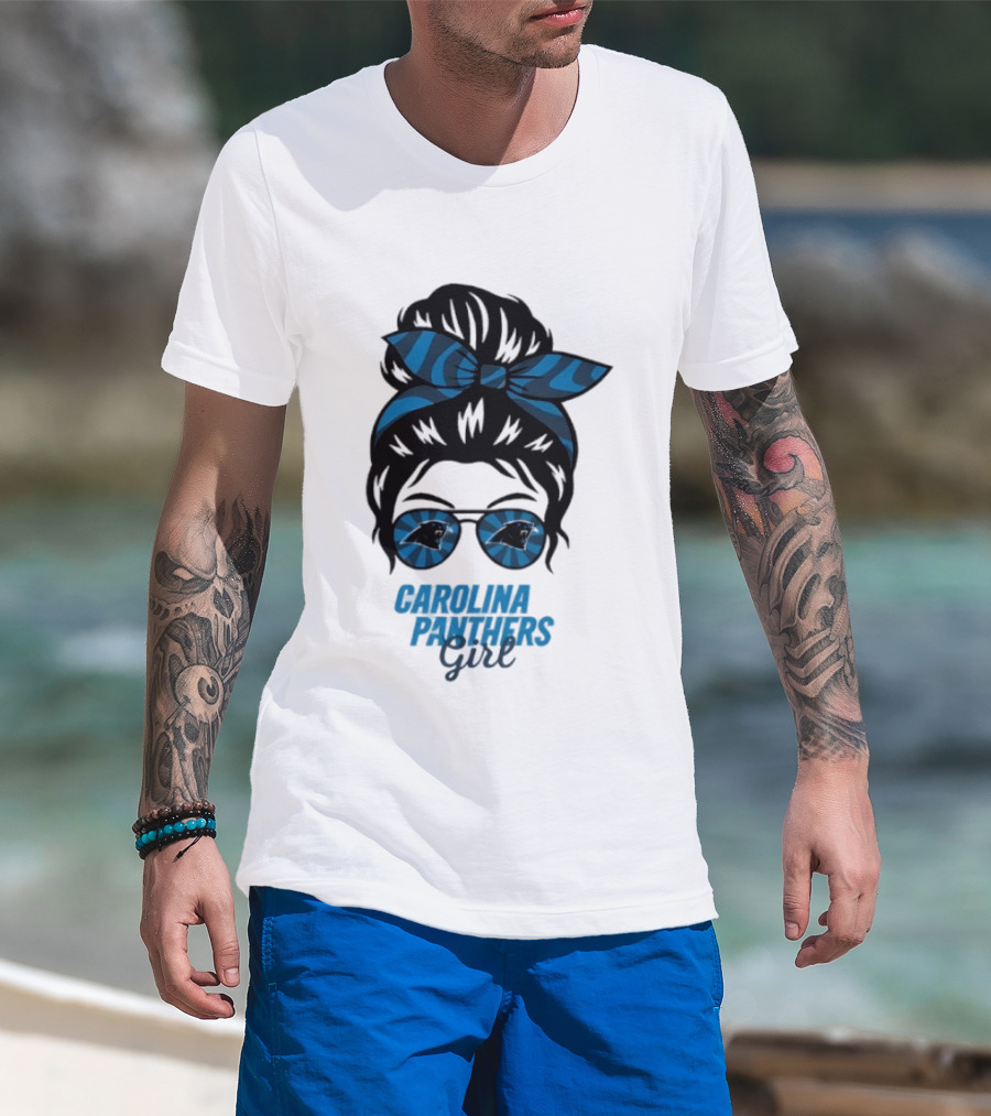 Carolina Panthers Girl Messy Bun Glasses Blue Bow Fan T-Shirt