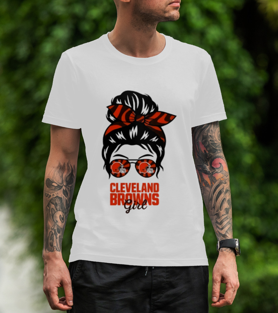 Cleveland Browns Fan Messy Bun Sunglasses T-Shirt