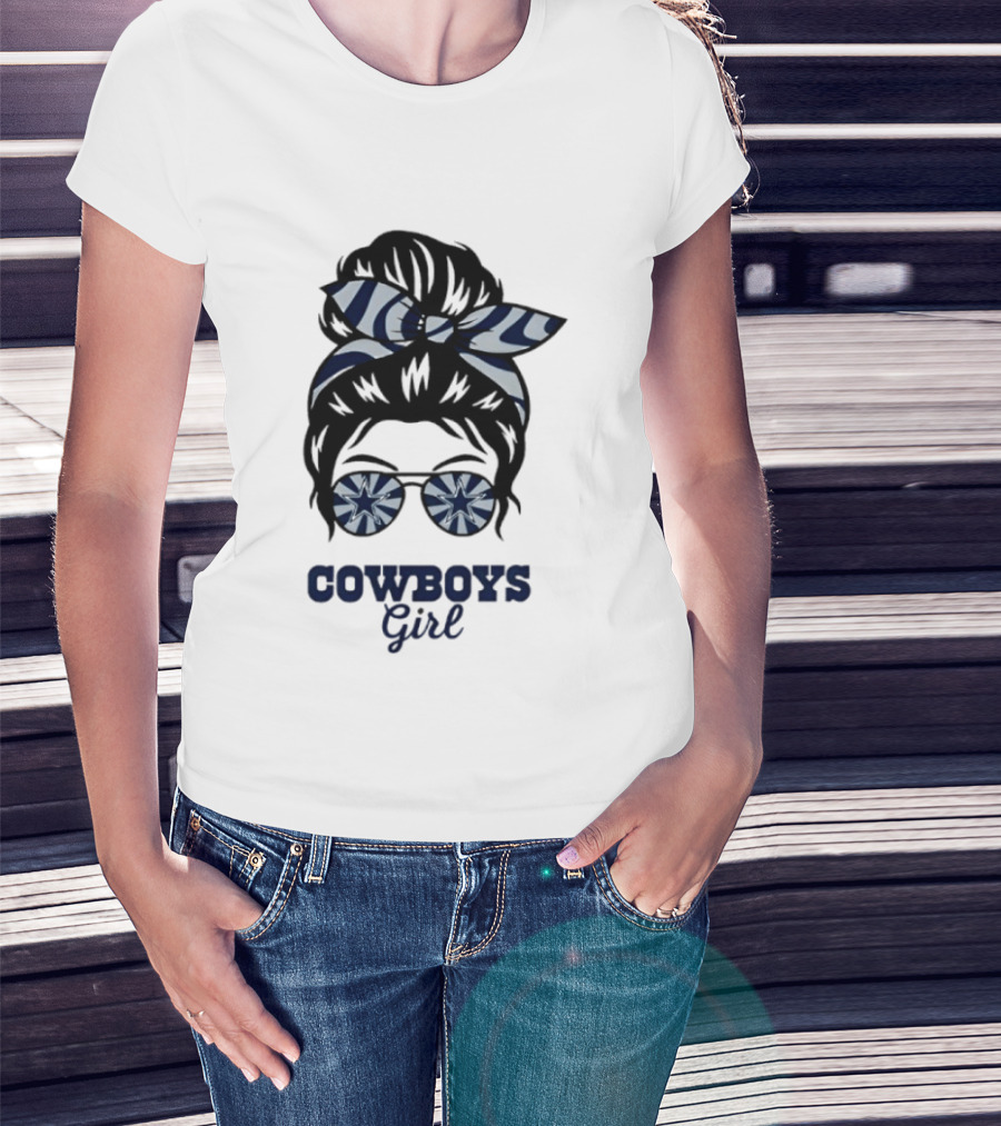 Dallas Cowboys Girl Messy Bun With Glasses And Star T-Shirt