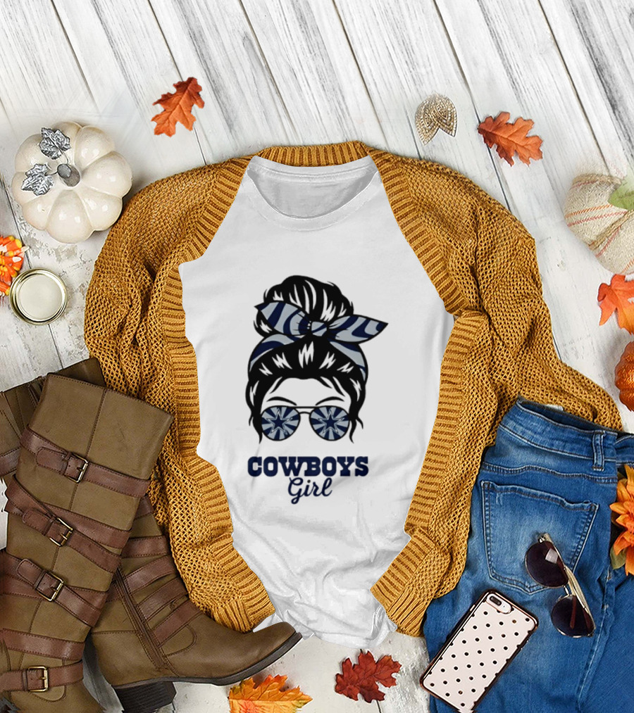 Dallas Cowboys Girl Messy Bun with Glasses and Star T-Shirt
