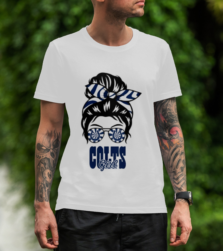 Indianapolis Colts Fan Messy Bun Glasses T-Shirt