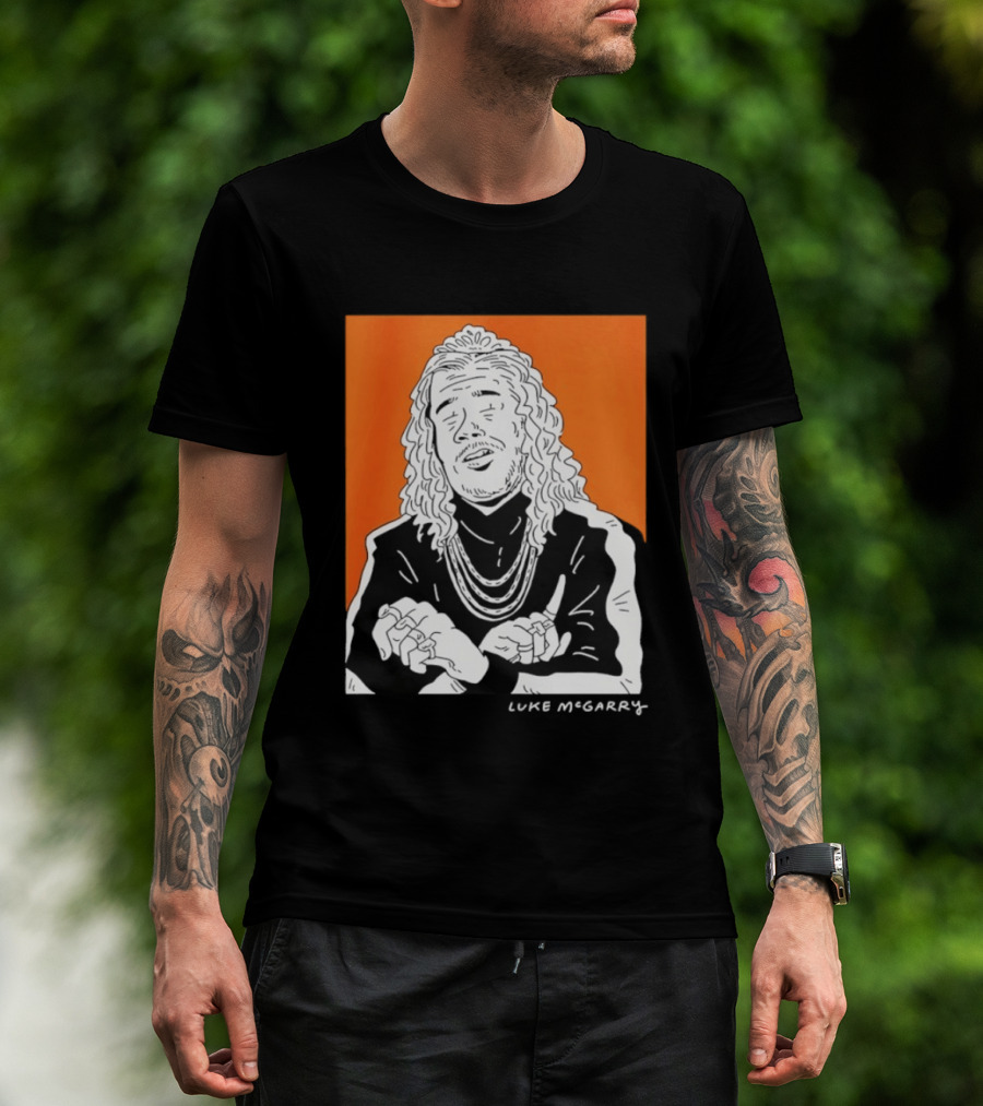 Luke McGarry Cartoon Character With Long Hair And Chains On Orange T-Shirt