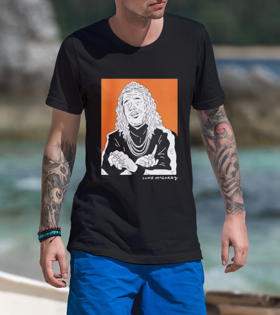 Luke McGarry Cartoon Character With Long Hair And Chains On Orange T-Shirt
