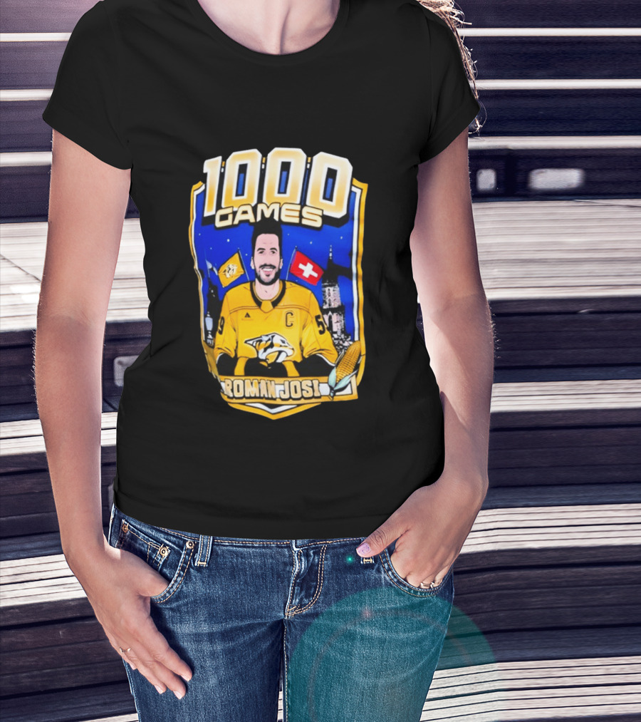 Nashville Predators Roman Josi 1000 Games Celebration NHL Captain Swiss Flag T-Shirt