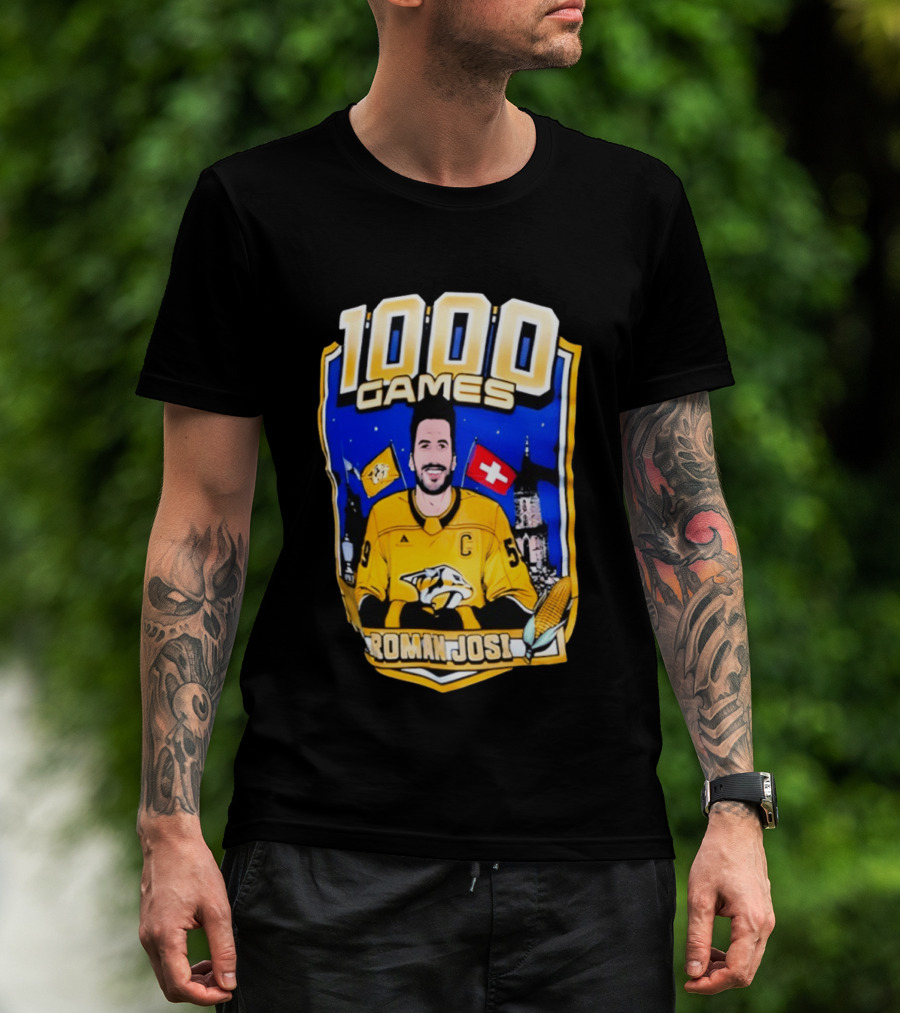 Nashville Predators Roman Josi 1000 Games Celebration NHL Captain Swiss Flag T-Shirt