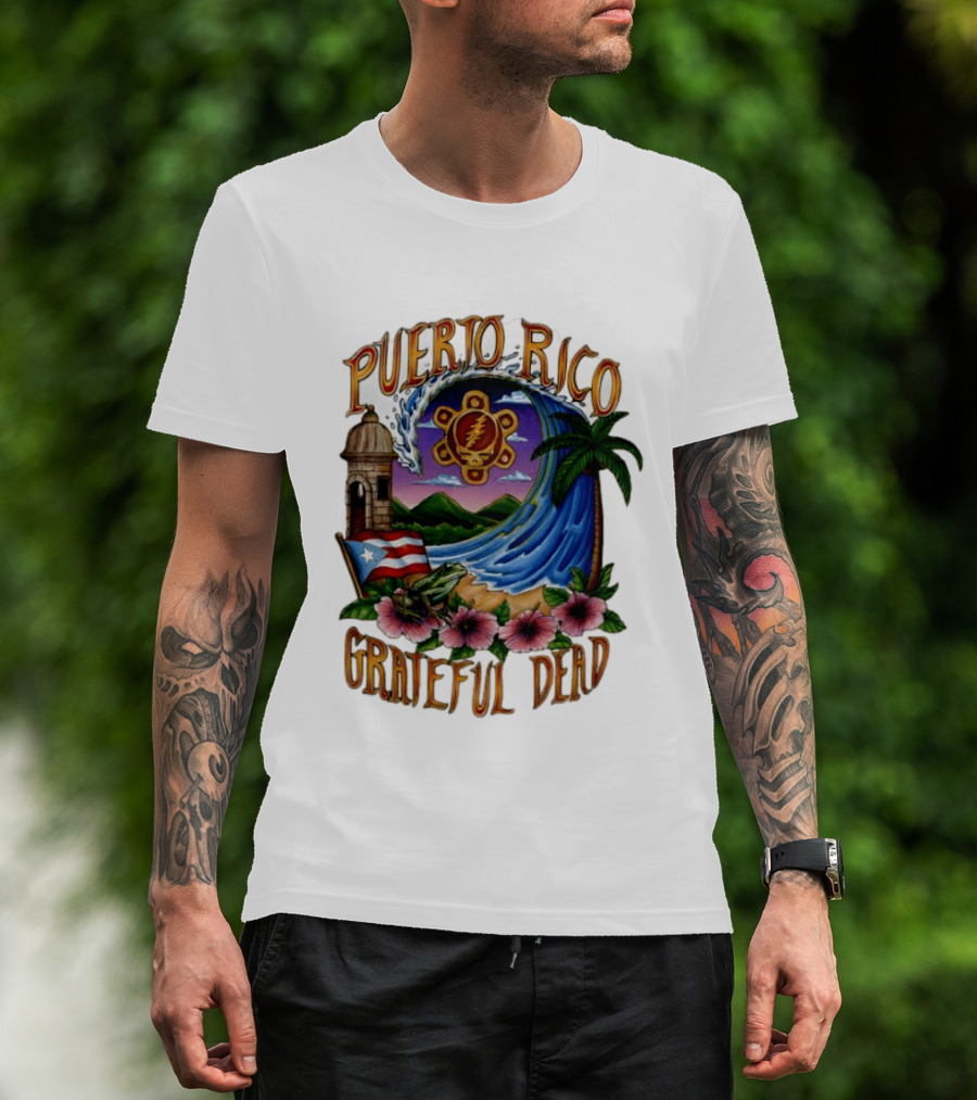 Puerto Rico Grateful Dead Tropical Wave With Hibiscus And Flag T-Shirt