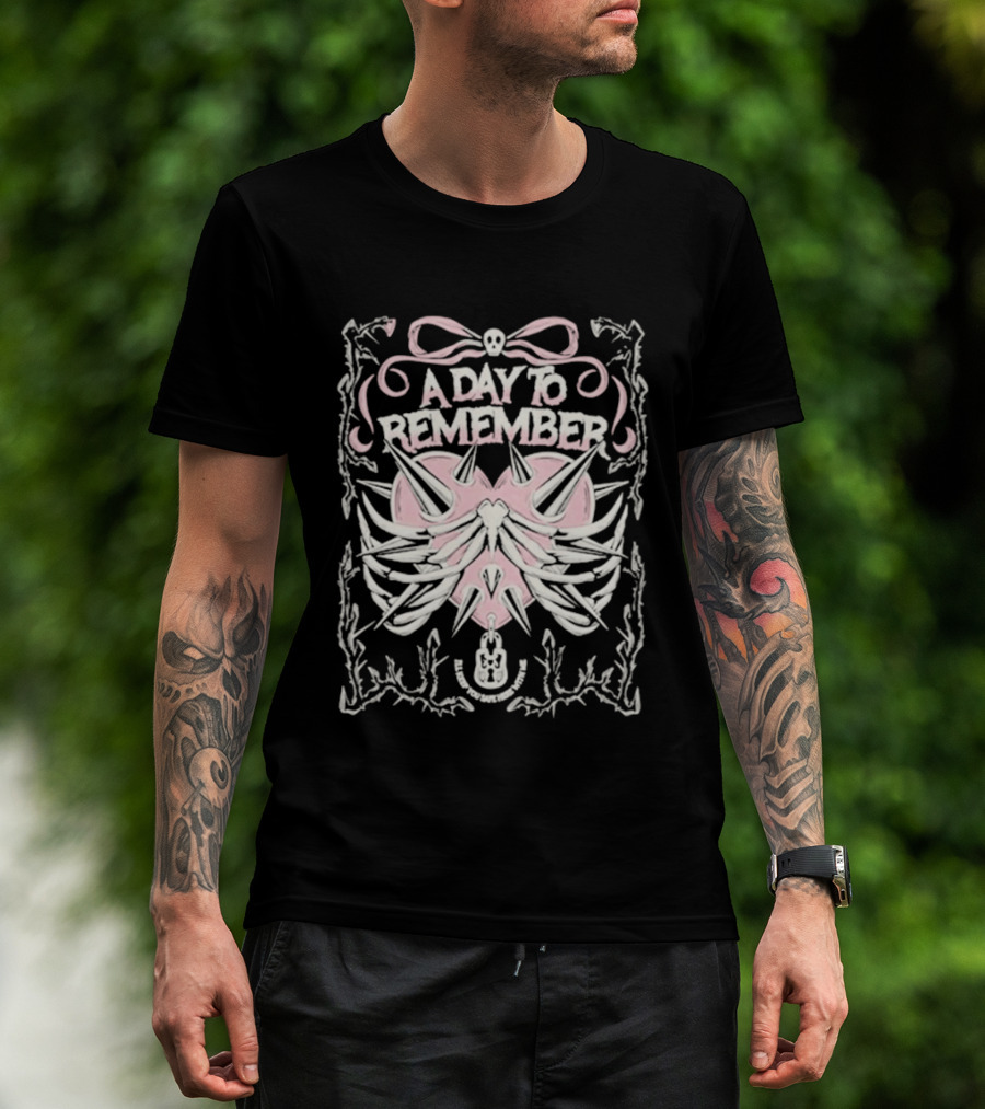 A Day To Remember Spiked Heart Pink Bow Skull Ribcage T-Shirt