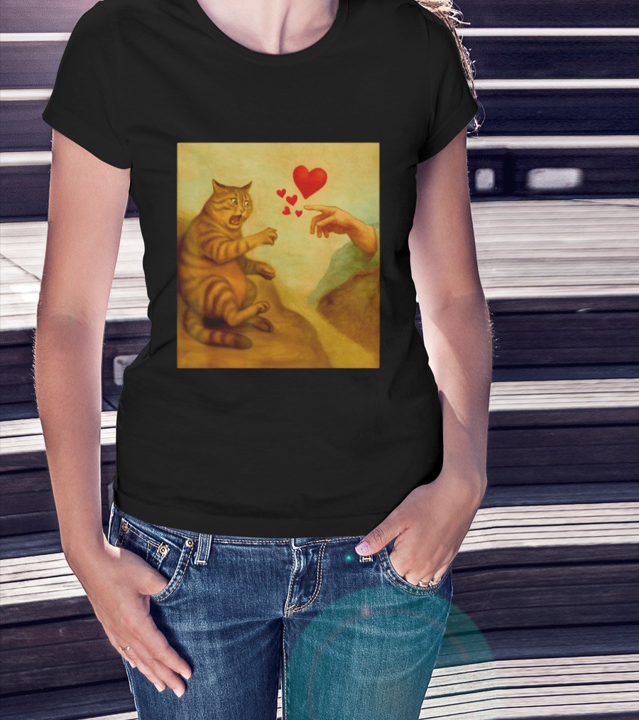 Cat Swatting God's Hand Surrounded By Hearts T-Shirt