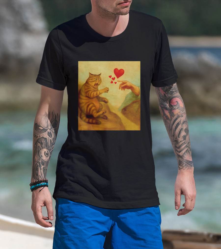 Cat Swatting God's Hand Surrounded By Hearts T-Shirt
