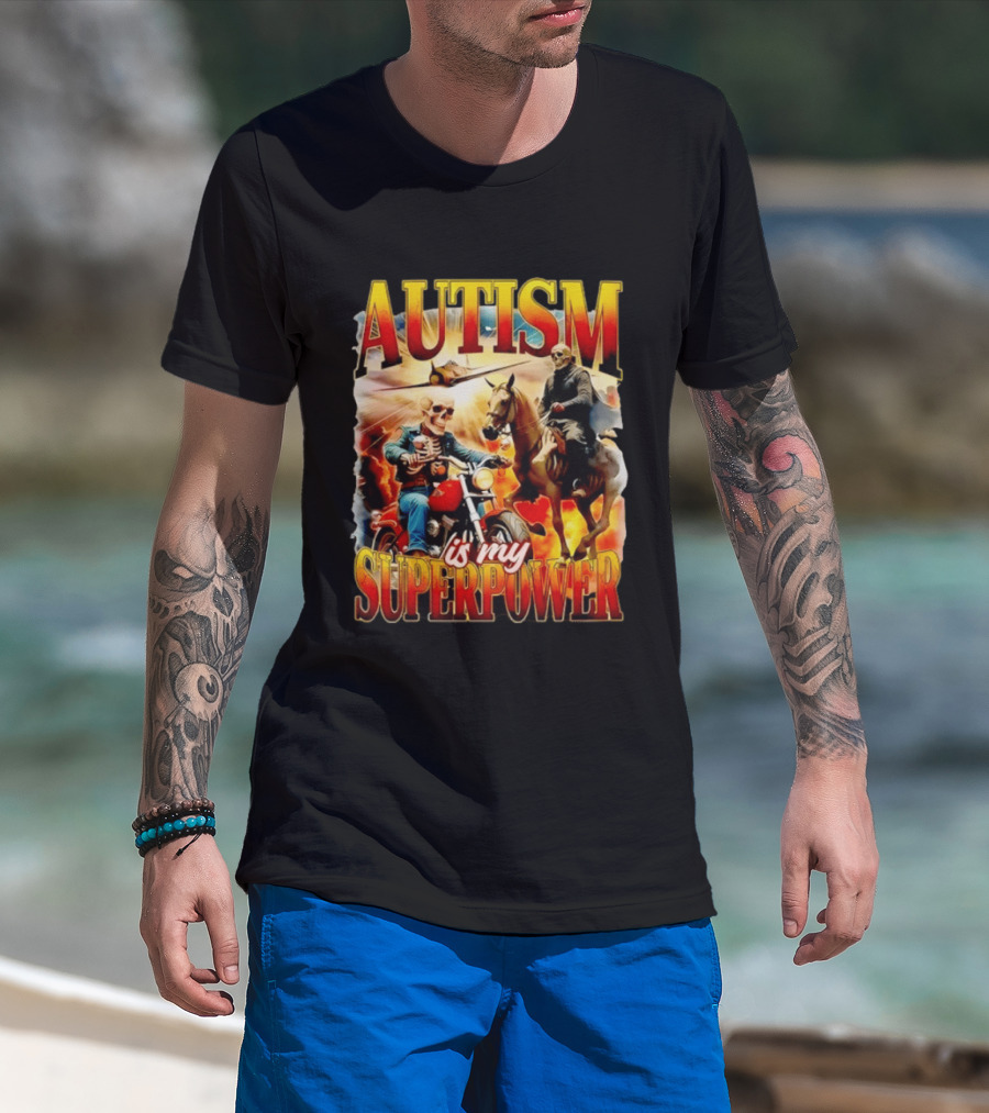 Autism Is My Superpower Skeletons On Motorcycle And Horse T-Shirt