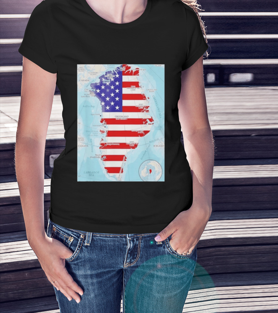 USA Flag Over Greenland Map American Patriot T-Shirt