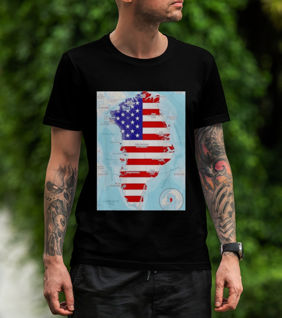 USA Flag Over Greenland Map American Patriot T-Shirt