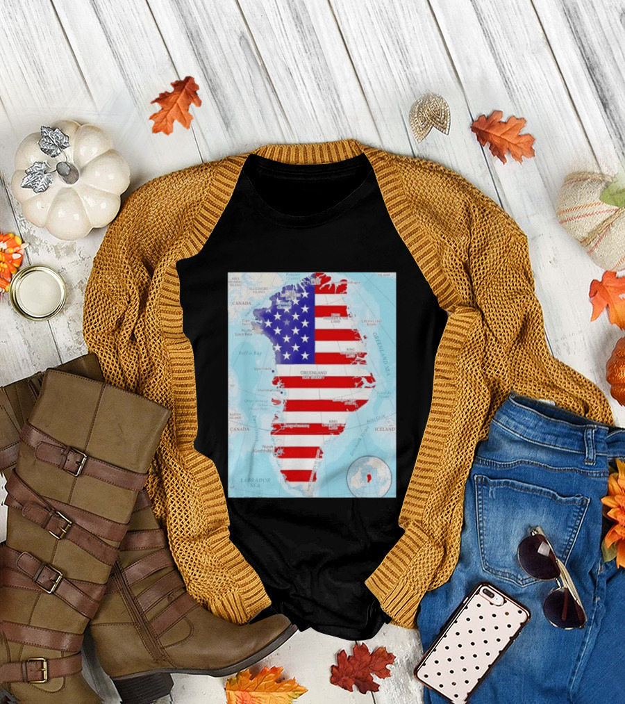 USA Flag Over Greenland Map American Patriot T-Shirt