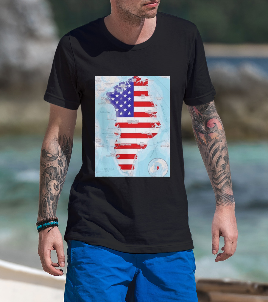 USA Flag Over Greenland Map American Patriot T-Shirt