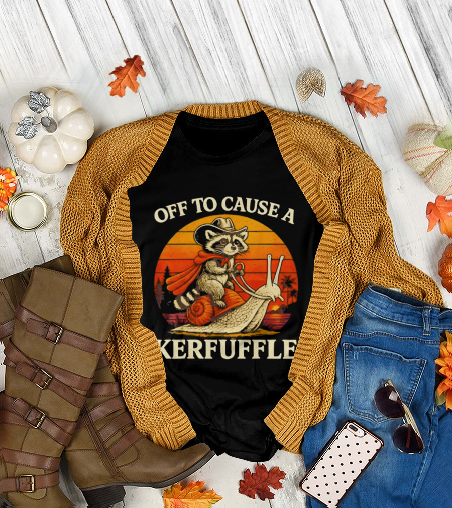 Off to Cause A Kerfuffle Raccoon Riding Snail Cowboy Adventure T-Shirt
